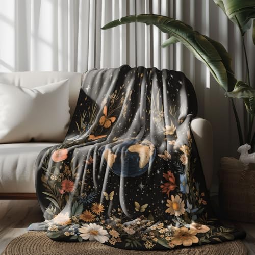 Flanelldecke Weich und Warm Gänseblümchen-Kranz-Schmetterling-Erde Kuscheldecke Flauschig Fleece Decke für Bett und Sofa Schwarz Wohndecke Couchdecke für die ganze Familie 200x220 cm von LLponhg