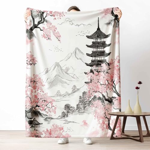Kinder Kuscheldecke Japanische Berg Fuji Fleecedecke Bunt & Flauschig, Weiche Tuschmalerei Kirschblüten Sofadecke Asiatischer Stil Landschaft Wohndecke als Geschenk für Jungen Mädchen 200x220 cm von LLponhg