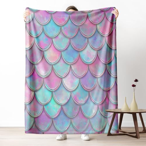 Kuscheldecke, Kuschelige Warme Aquarell-Fischschuppenmuster Decke 220x240 cm, Weiche Wohndecke mit Digitaldruck Blau-Lila Decke als Geburtstagsgeschenk von LLponhg