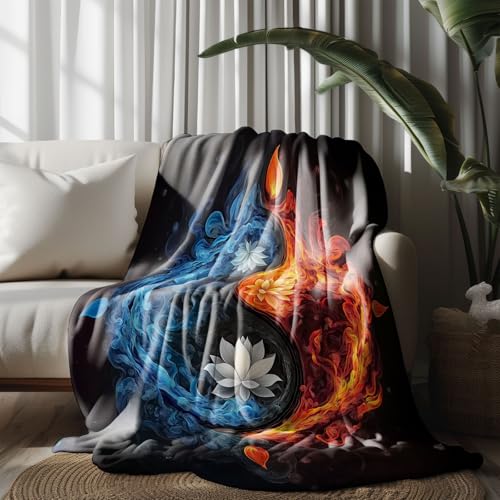 Kuscheldecke, Kuschelige Warme Blau-rote Flammenlotusblume Decke 220x240 cm, Weiche Wohndecke mit Digitaldruck Schwarz Decke als Geburtstagsgeschenk von LLponhg