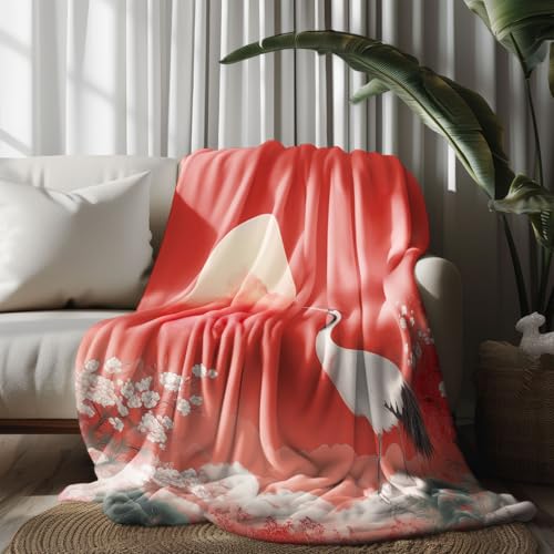 Kuscheldecke, Kuschelige Warme Blumenmuster mit Kranichen im Tusche-Stil Decke 220x240 cm, Weiche Wohndecke mit Digitaldruck Rot Decke als Geburtstagsgeschenk von LLponhg