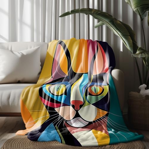 Kuscheldecke, Kuschelige Warme Bunte Katze im geometrischen Stil Decke 220x240 cm, Weiche Wohndecke mit Digitaldruck Gelb Decke als Geburtstagsgeschenk von LLponhg