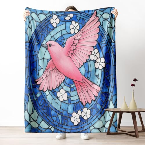 Kuscheldecke, Kuschelige Warme Buntglas-Vogelmotiv Decke 220x240 cm, Weiche Botanischer Blumenakzent Wohndecke mit Digitaldruck Königsblau Decke als Geburtstagsgeschenk von LLponhg