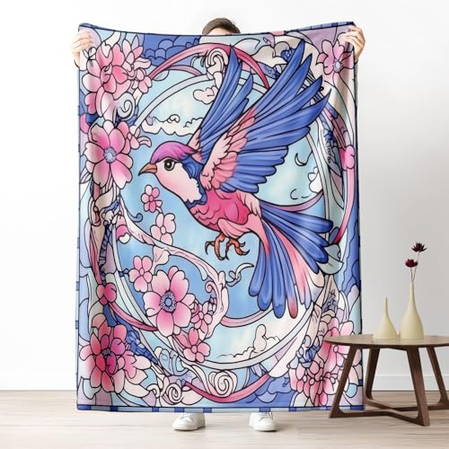 Kuscheldecke, Kuschelige Warme Buntglasvogelkunst Decke 220x240 cm, Weiche Realistische Blumenelemente Wohndecke mit Digitaldruck Malvenfarben Decke als Geburtstagsgeschenk von LLponhg