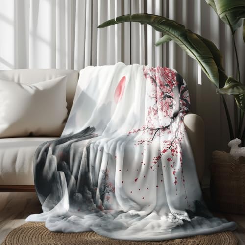 Kuscheldecke, Kuschelige Warme Chinesische Tuschemalerei Decke 220x240 cm, Weiche Wohndecke mit Digitaldruck Weiß Decke als Geburtstagsgeschenk von LLponhg