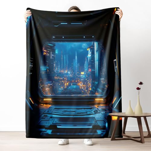 Kuscheldecke, Kuschelige Warme Cyberpunk - Stadtlandschaft - Muster Decke 220x240 cm, Weiche Neonbeleuchtete Fenster - Elemente Wohndecke mit Digitaldruck Neonblau Decke als Geburtstagsgeschenk von LLponhg