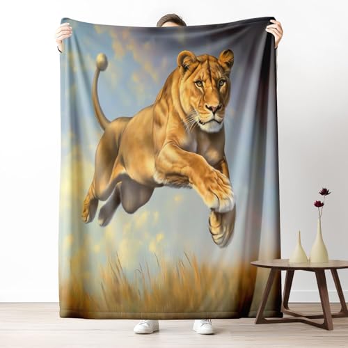 Kuscheldecke, Kuschelige Warme Dynamischer Löwe Decke 220x240 cm, Weiche Landschaft Silhouette Wohndecke mit Digitaldruck Goldgelb Decke als Geburtstagsgeschenk von LLponhg