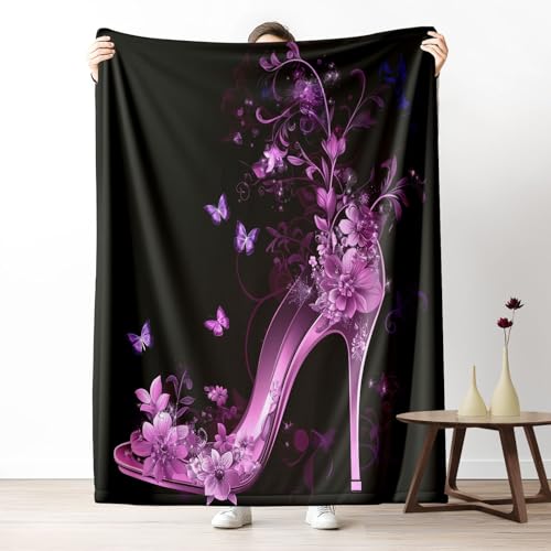 Kuscheldecke, Kuschelige Warme Glamouröser Blumen Absatz Lila Blüten Decke 220x240 cm, Weiche Verzierte Schwarze Ranken Muster Wohndecke mit Digitaldruck Dunkel Lila Decke als Geburtstagsgeschenk von LLponhg
