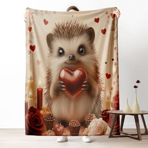 Kuscheldecke, Kuschelige Warme Igelkerze mit Rosenblumenmuster Decke 220x240 cm, Weiche Wohndecke mit Digitaldruck Braun Decke als Geburtstagsgeschenk von LLponhg