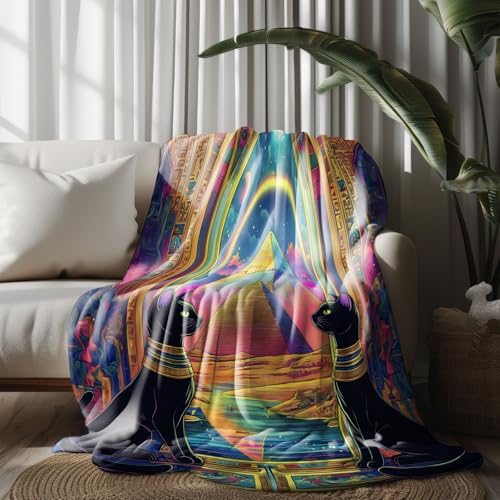 Kuscheldecke, Kuschelige Warme Katzenpyramide im ägyptischen Stil Decke 220x240 cm, Weiche Wohndecke mit Digitaldruck Gelb Decke als Geburtstagsgeschenk von LLponhg