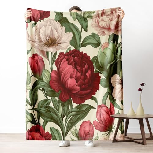 Kuscheldecke, Kuschelige Warme Leuchtende Rote Pfingstrosen Muster Decke 220x240 cm, Weiche Verziert Blush Blueten Motiv Wohndecke mit Digitaldruck Karmesin Decke als Geburtstagsgeschenk von LLponhg