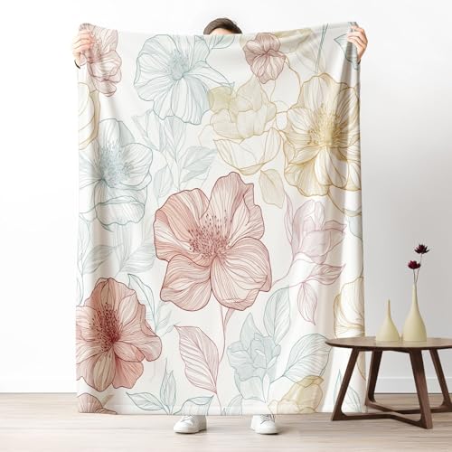 Kuscheldecke, Kuschelige Warme Linien Kunst Blumen Decke 220x240 cm, Weiche Blatt Umriss Wohndecke mit Digitaldruck Himmelblau Decke als Geburtstagsgeschenk von LLponhg