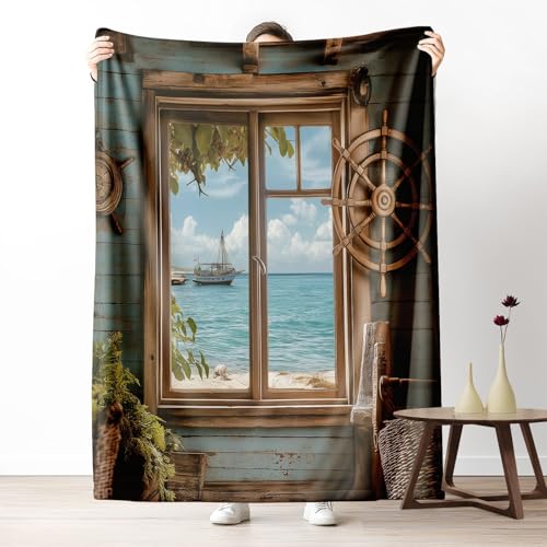 Kuscheldecke, Kuschelige Warme Maritime Fensterblick Decke 220x240 cm, Weiche Schiffsrad Laubwerk Wohndecke mit Digitaldruck Marineblau Decke als Geburtstagsgeschenk von LLponhg
