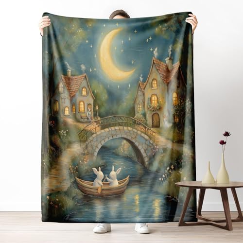 Kuscheldecke, Kuschelige Warme Ölgemälde Nacht auf dem Land mit Kaninchen Decke 220x240 cm, Weiche Wohndecke mit Digitaldruck Blau-Grün Decke als Geburtstagsgeschenk von LLponhg