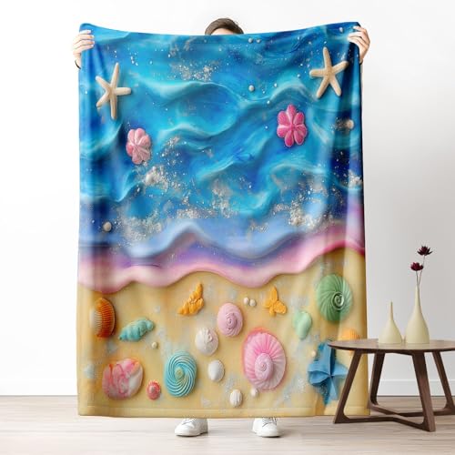 Kuscheldecke, Kuschelige Warme Ozeanwellenverlauf Decke 220x240 cm, Weiche Marinelebenskomposition Wohndecke mit Digitaldruck Marineblau Decke als Geburtstagsgeschenk von LLponhg