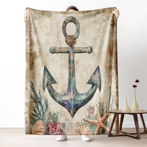 Kuscheldecke, Kuschelige Warme Patinierte Ankergestaltung Decke 220x240 cm, Weiche Lebendige Meereslebensformen Wohndecke mit Digitaldruck Marineblau Decke als Geburtstagsgeschenk von LLponhg