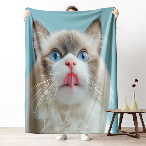 Kuscheldecke, Kuschelige Warme Realistische Katzenportrait Decke 220x240 cm, Weiche - Wohndecke mit Digitaldruck Marineblau Decke als Geburtstagsgeschenk von LLponhg