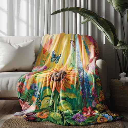 Kuscheldecke, Kuschelige Warme Sonnenblumen-Gänseblümchen-Blumenmuster mit Schmetterlingen Decke 220x240 cm, Weiche Wohndecke mit Digitaldruck Gelb-Grün Decke als Geburtstagsgeschenk von LLponhg