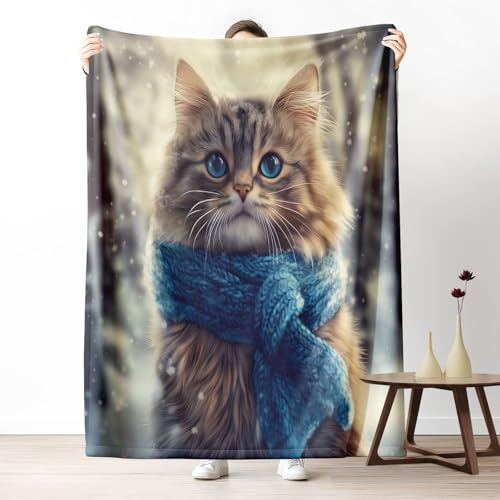 Kuscheldecke, Kuschelige Warme Süße Katze mit blauem Schal Decke 220x240 cm, Weiche Wohndecke mit Digitaldruck Grau Decke als Geburtstagsgeschenk von LLponhg