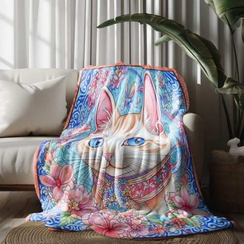 Kuscheldecke, Kuschelige Warme Süßer Katzenblumenkranz Decke 220x240 cm, Weiche Wohndecke mit Digitaldruck Blau Decke als Geburtstagsgeschenk von LLponhg