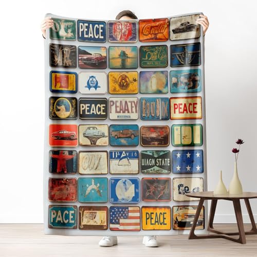 Kuscheldecke, Kuschelige Warme Vintage Collage Kennzeichen Decke 220x240 cm, Weiche Text und Grafik Akzente Wohndecke mit Digitaldruck Mehrfarbig Decke als Geburtstagsgeschenk von LLponhg