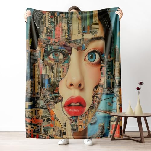 Kuscheldecke, Kuschelige Warme Weibliches Gesicht, Stadtlandschaft Decke 220x240 cm, Weiche Wohndecke mit Digitaldruck Mehrfarbig Decke als Geburtstagsgeschenk von LLponhg