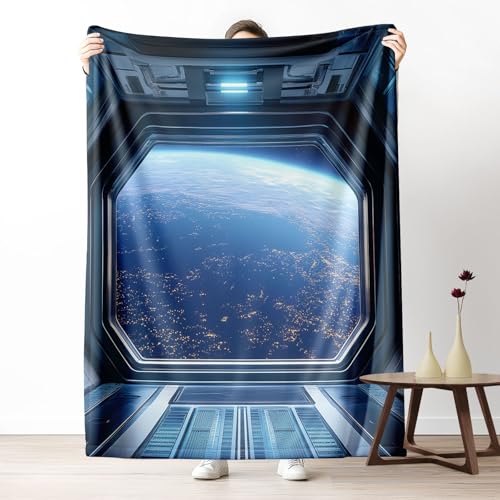 Kuscheldecke, Kuschelige Warme Zukunftsträchtige Raumkapsel - Szene Decke 220x240 cm, Weiche ERD - Nachtlandschaft - Details Wohndecke mit Digitaldruck Königsblau Decke als Geburtstagsgeschenk von LLponhg