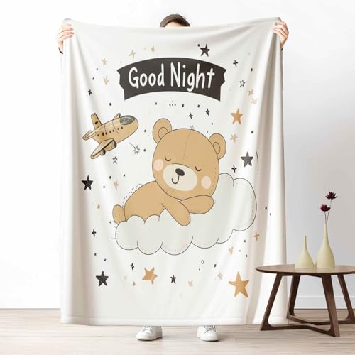 Kuscheldecke Flauschig Handgezeichnet Bär Wohndecke für Sofa & Bett Kinder Flugzeug Weiche Warme Decke Sternenhimmel Wolke Fleecedecke für Kinder & Erwachsene, 70x100 cm von LLponhg