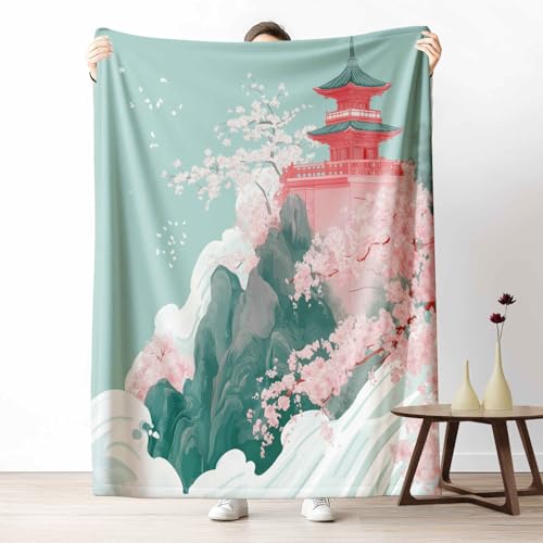 Kuscheldecke Flauschig Japanische Kirschblüten Wohndecke für Sofa & Bett Asiatischer Stil Berg Fuji Weiche Warme Decke Landschaftsmalerei Welle Fleecedecke für Kinder & Erwachsene, 70x100 cm von LLponhg