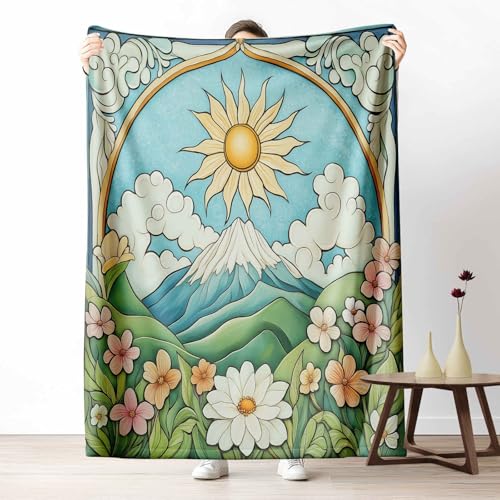 Kuscheldecke Flauschig Jugendstil Berg Wohndecke für Sofa & Bett Psychedelisch Blume Weiche Warme Decke Märchen Sonne Fleecedecke für Kinder & Erwachsene, 70x100 cm von LLponhg