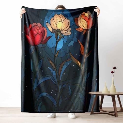 Kuscheldecke Flauschig Mosaik Pfingstrose Wohndecke für Sofa & Bett Dunkel Blume Weiche Warme Decke Nacht Stern Fleecedecke für Kinder & Erwachsene, 70x100 cm von LLponhg