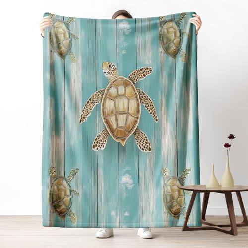 Kuscheldecke Flauschig Nautisch Meeresschildkröten Wohndecke für Sofa & Bett Rustikaler Holzplanke Weiche Warme Decke Küsten Tier Fleecedecke für Kinder & Erwachsene, 70x100 cm von LLponhg