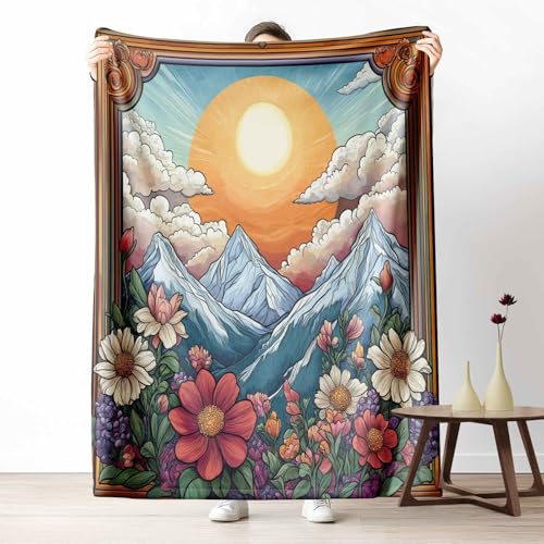 Kuscheldecke Flauschig Retro Berg Wohndecke für Sofa & Bett Vintage Blume Weiche Warme Decke Malerei Wolke Fleecedecke für Kinder & Erwachsene, 70x100 cm von LLponhg