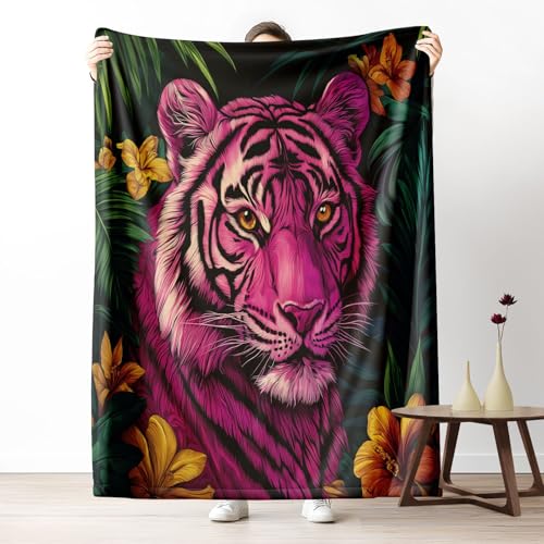 Kuscheldecke Tropischer Tiger Fleecedecke Urwaldblätter Wohndecke Weich Warm Flauschig Korallenrot Sofadecke für Kinder & Erwachsene, Tagesdecke 230x270 cm von LLponhg