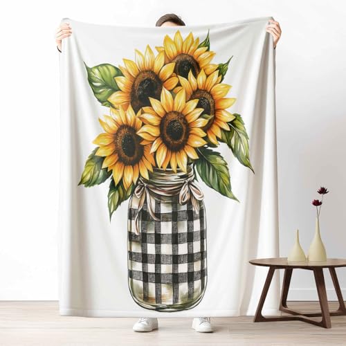 Kuscheldecke für den Winter, Warme Bauernhaus Sonnenblume Fleecedecke für Kalte Tage Landhausstil Kariert Flanelldecke Rustikal Gitter Sofadecke Flauschig Weich für Bett Couch, 150x200 cm von LLponhg