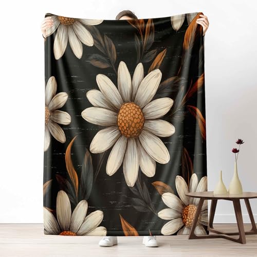 Kuscheldecke für den Winter, Warme Blumen Gänseblümchen Fleecedecke für Kalte Tage Botanisch Blatt Flanelldecke Retro Pflanze Sofadecke Flauschig Weich für Bett Couch, 150x200 cm von LLponhg