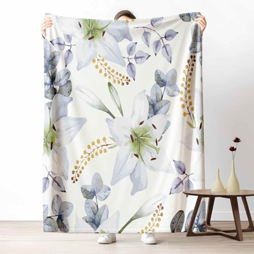 Kuscheldecke für den Winter, Warme Blumenpflanzen Lilie Fleecedecke für Kalte Tage Aquarell Blätter Flanelldecke Modern Eukalyptus Sofadecke Flauschig Weich für Bett Couch, 150x200 cm von LLponhg