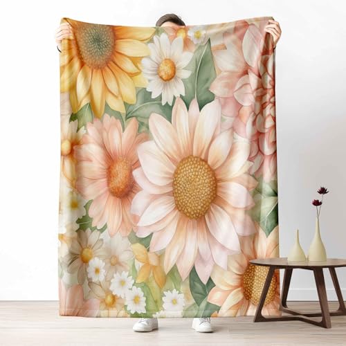 Kuscheldecke für den Winter, Warme Bunt Blume Fleecedecke für Kalte Tage Blumen Sonnenblume Flanelldecke Aquarell Gänseblümchen Sofadecke Flauschig Weich für Bett Couch, 150x200 cm von LLponhg