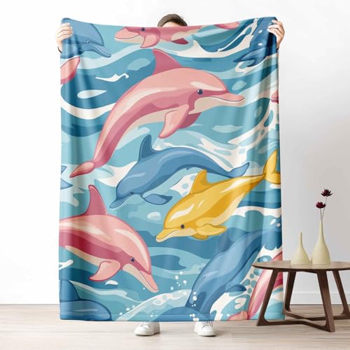 Kuscheldecke für den Winter, Warme Meerestiere Dolphin Fleecedecke für Kalte Tage Cartoon Ozean Flanelldecke Unterwasserwelt Welle Sofadecke Flauschig Weich für Bett Couch, 150x200 cm von LLponhg