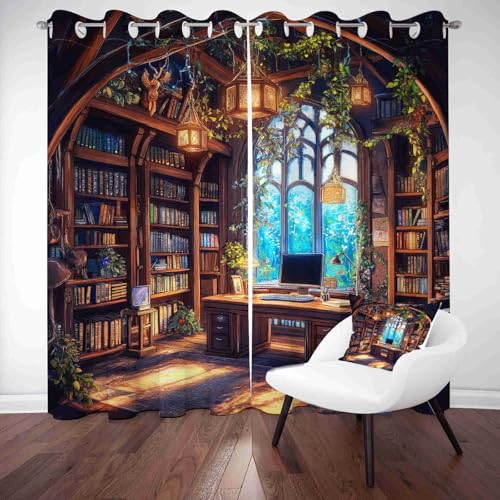 LLponhg Gardinen Historisches Bibliotheksmotiv Blickdicht mit Ösen Vorhang Schlafzimmer & Wohnzimmer Verdunkelnde Mahagonibraun Thermo-Vorhänge für Fenster 2er Pack 229x168 cm von LLponhg