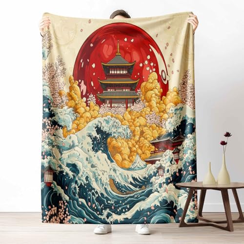 LLponhg Kinder Kuscheldecke Japanische Welle Fleecedecke Bunt & Flauschig, Weiche Ukiyo e Kirschblüten Sofadecke Tempel Meer Wohndecke als Geschenk für Jungen Mädchen 200x220 cm von LLponhg