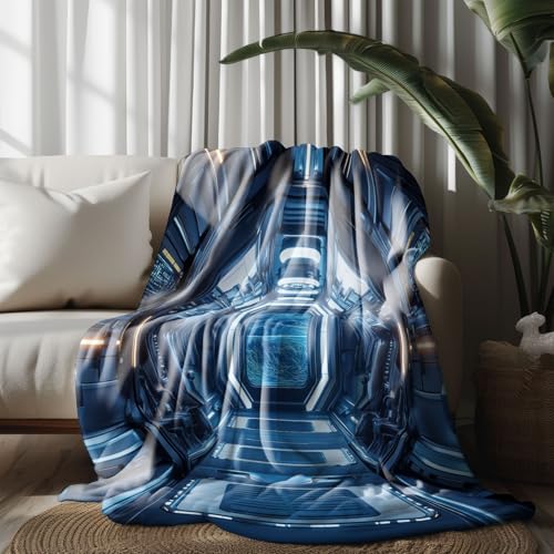 LLponhg Kinderdecke Blaues futuristisches Tech-Hütten-Muster Kuschelige Fleecedecke für Jungen Kuscheldecke 180x230 cm, Geburtstagsgeschenk für Kinder Dunkelblau Weiche Sofadecke von LLponhg