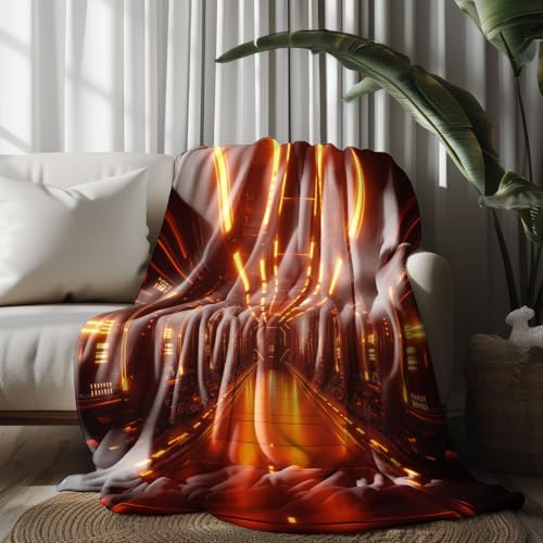 LLponhg Kinderdecke Futuristischer Tunnelstil Kuschelige Fleecedecke für Jungen Kuscheldecke 180x230 cm, Geburtstagsgeschenk für Kinder Orange Weiche Sofadecke von LLponhg
