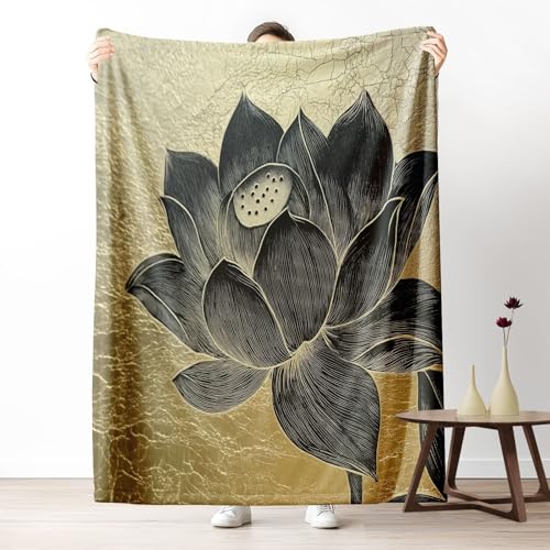 LLponhg Kinderdecke Ostasiatische Kunst Lotusblume Kuschelige Fleecedecke für Jungen Strukturierte Hintergrund Details Kuscheldecke 180x230 cm, Geburtstagsgeschenk für Kinder Gold Weiche Sofadecke von LLponhg