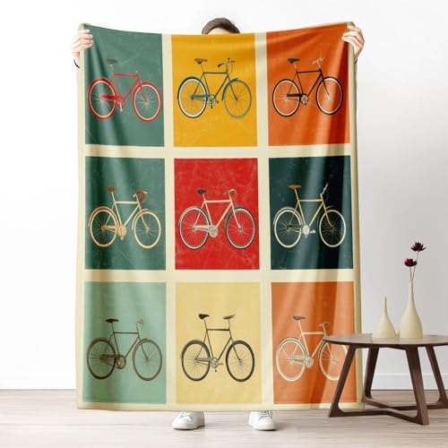 LLponhg Kinderdecke Retro Fahrradumrisse Kuschelige Fleecedecke für Jungen Bunte Panel Motive Kuscheldecke 180x230 cm, Geburtstagsgeschenk für Kinder Bunt Weiche Sofadecke von LLponhg