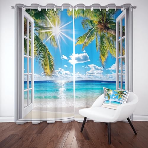 LLponhg Küsten Strand Verdunkelungsvorhang 2er Set Tropisch Palme Thermovorhang Blickdicht mit Ösen, 3D Druck Deko Vorhänge für Wohnzimmer & Schlafzimmer, H215 x B110 cm von LLponhg