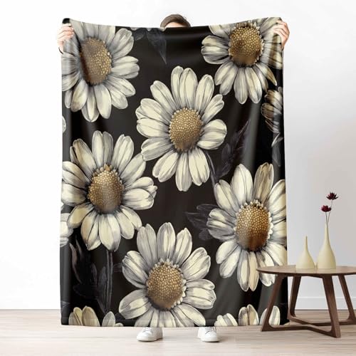 LLponhg Kuscheldecke 150x200 Blumen Gänseblümchen Flauschige Couchdecke mit 3D Effekt Botanisch Blume Plaid als Sofadecke oder Bettüberwurf Schwarz Weiss Blatt Weich & Waschbar 220x240 cm von LLponhg