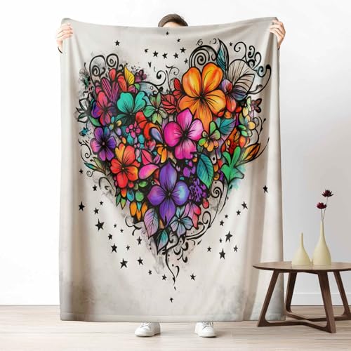 LLponhg Kuscheldecke 150x200 Blumenpflanzen Herzform Flauschige Couchdecke mit 3D Effekt Bunt Geblümt Plaid als Sofadecke oder Bettüberwurf Handgezeichnet Sternenhimmel Weich & Waschbar 220x240 cm von LLponhg