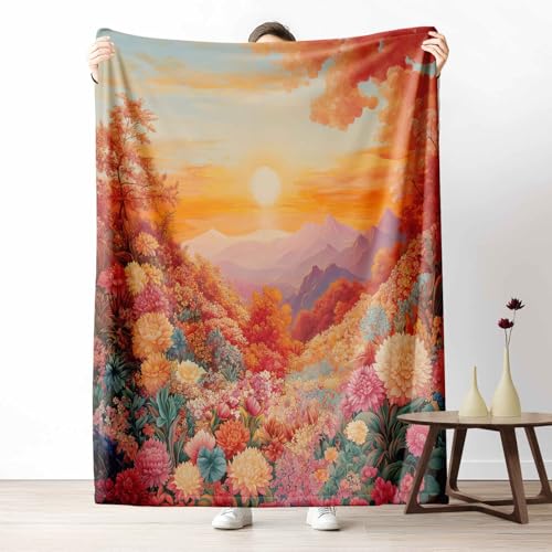 LLponhg Kuscheldecke 150x200 Garten Landschaft Flauschige Couchdecke mit 3D Effekt Blumen Berg Plaid als Sofadecke oder Bettüberwurf Malerei Sonnenuntergang Weich & Waschbar 220x240 cm von LLponhg