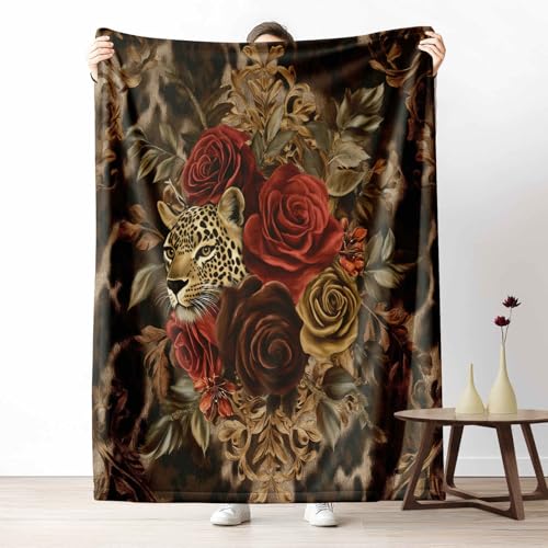 LLponhg Kuscheldecke 150x200 Tiermotiv Leopard Flauschige Couchdecke mit 3D Effekt Blumen Rose Plaid als Sofadecke oder Bettüberwurf Barock Blume Weich & Waschbar 220x240 cm von LLponhg